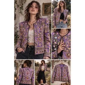 Vintage‎ Beaded Silk Jacket Maximalist XL Purple Sequin Open Festival Art Deco